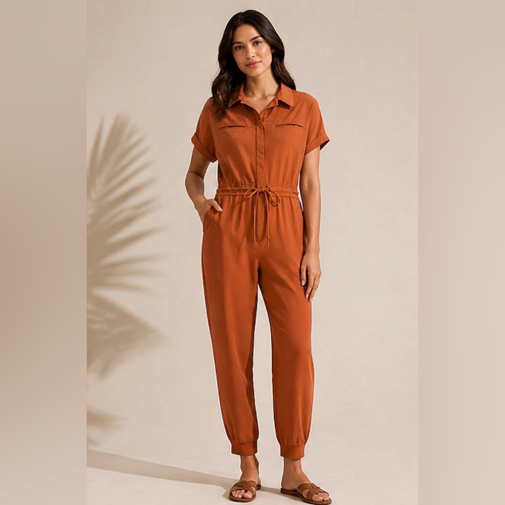 Mandala Women’s Rust Scrub Utility Jumpsuit Size Medium Short Sleeve Belted